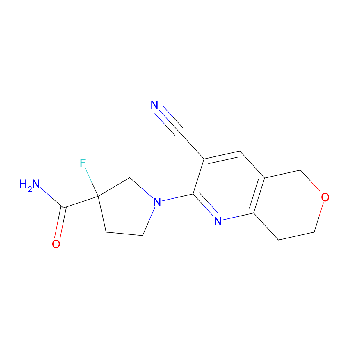1-{3-cyano-5H,7H,8H-pyrano[4,3-b]pyridin-2-yl}-3-fluoropyrrolidine-3-carboxamide molecular structure, CAS 2415584-17-5