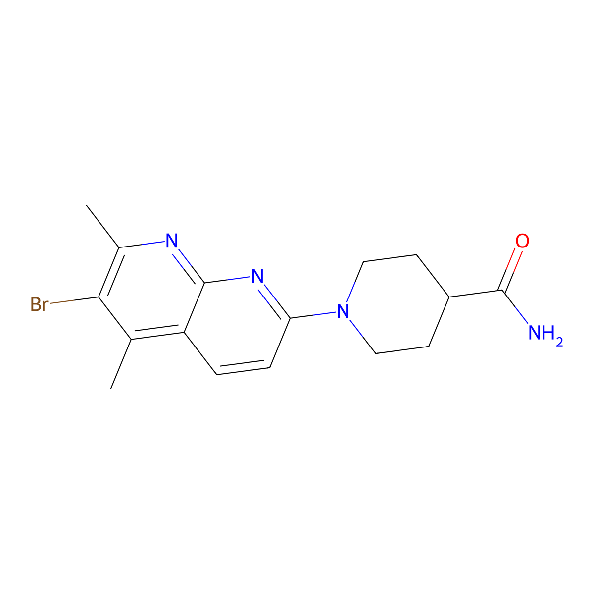 1-(6-Bromo-5,7-dimethyl-1,8-naphthyridin-2-yl)piperidine-4-carboxamide molecular structure, CAS 2415584-19-7