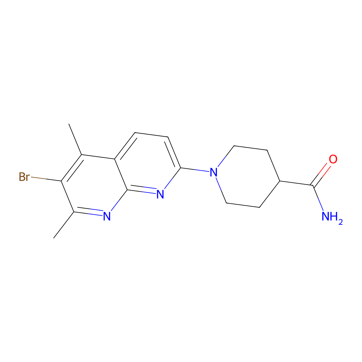 1-(6-Bromo-5,7-dimethyl-1,8-naphthyridin-2-yl)piperidine-4-carboxamide molecular structure, CAS 2415584-19-7