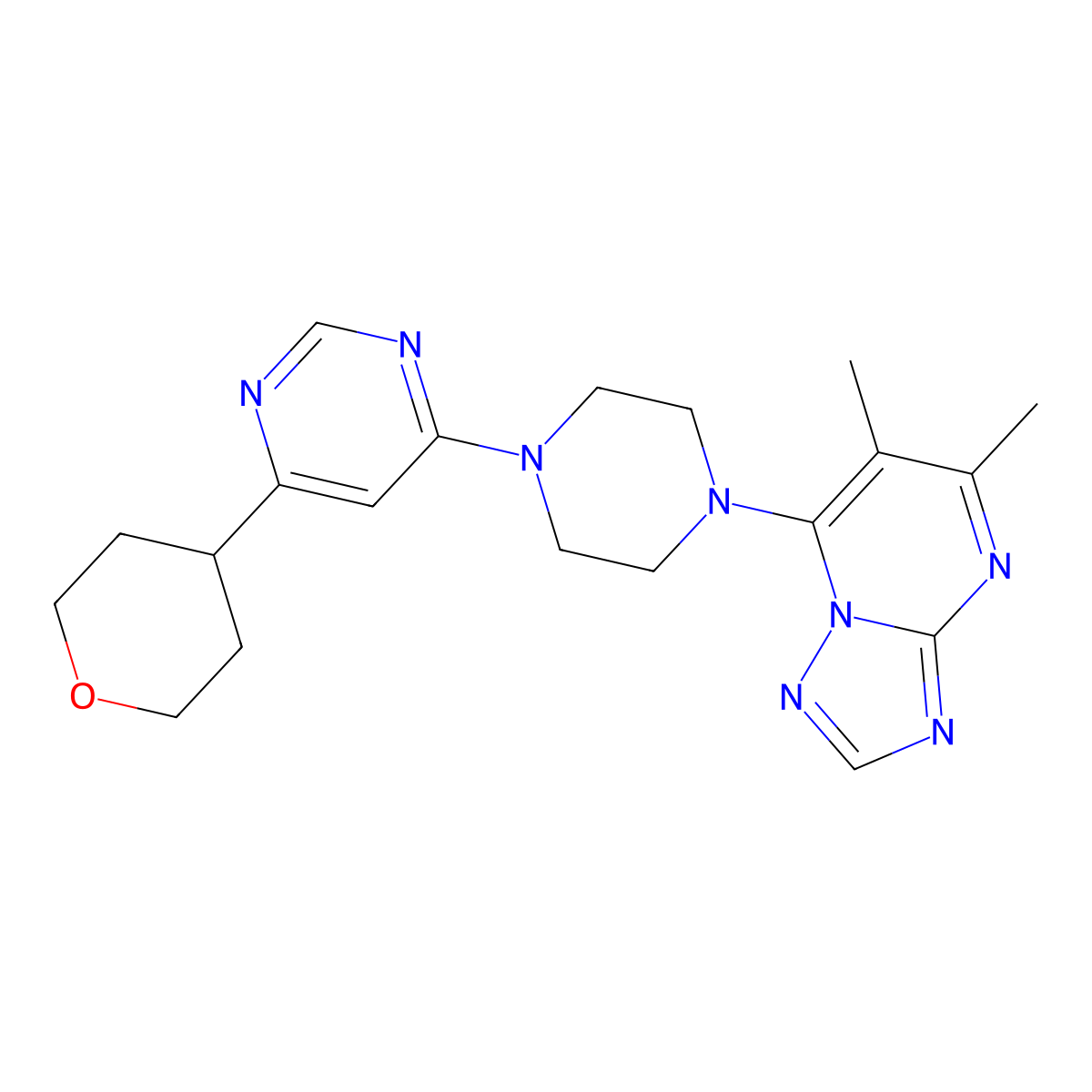 4-(4-{5,6-Dimethyl-[1,2,4]triazolo[1,5-a]pyrimidin-7-yl}piperazin-1-yl)-6-(oxan-4-yl)pyrimidine molecular structure, CAS 2415584-22-2