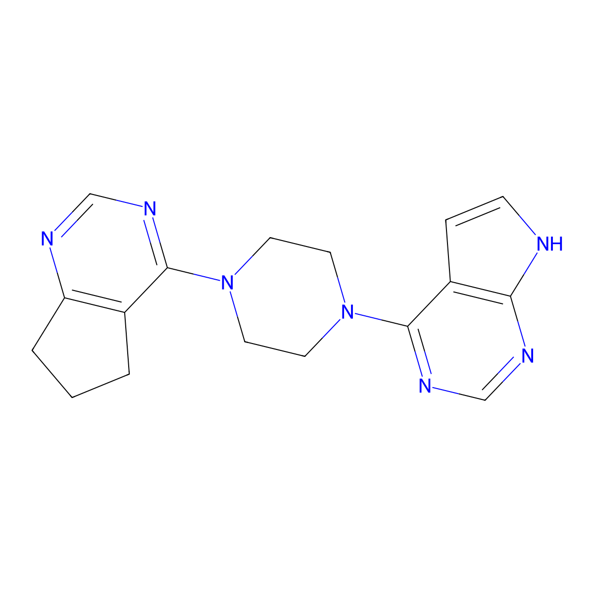 1-{5H,6H,7H-cyclopenta[d]pyrimidin-4-yl}-4-{7H-pyrrolo[2,3-d]pyrimidin-4-yl}piperazine molecular structure, CAS 2415584-27-7