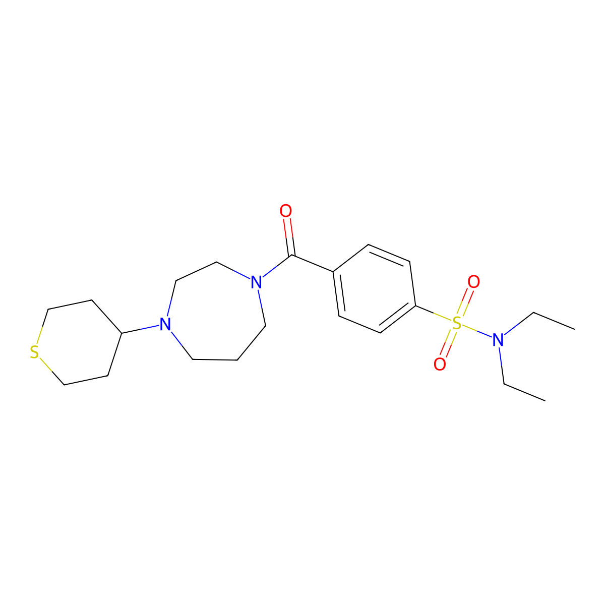 N,N-diethyl-4-[4-(thian-4-yl)-1,4-diazepane-1-carbonyl]benzene-1-sulfonamide molecular structure, CAS 2415584-37-9