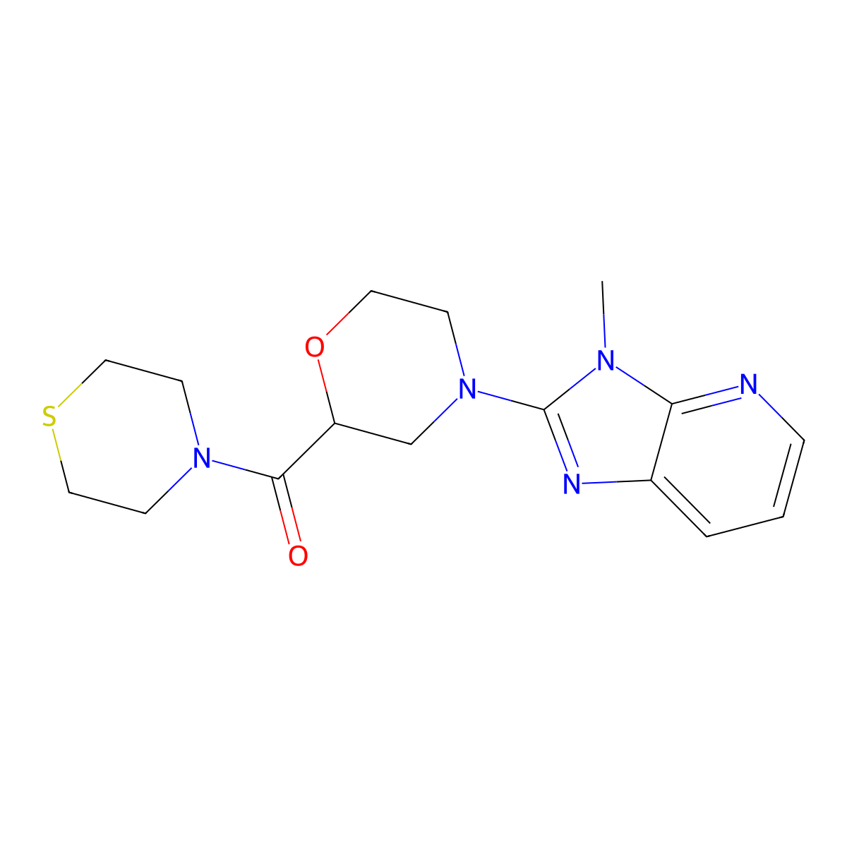 4-{3-methyl-3H-imidazo[4,5-b]pyridin-2-yl}-2-(thiomorpholine-4-carbonyl)morpholine molecular structure, CAS 2415584-39-1