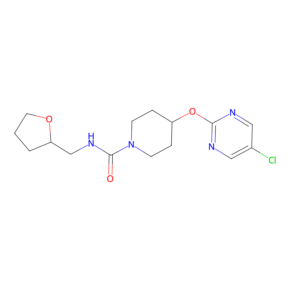 4-[(5-chloropyrimidin-2-yl)oxy]-N-[(oxolan-2-yl)methyl]piperidine-1-carboxamide molecular structure, CAS 2415584-48-2