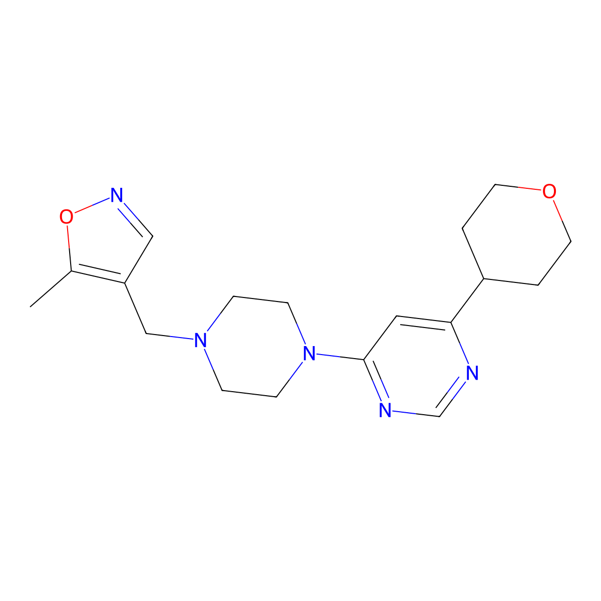 4-{4-[(5-Methyl-1,2-oxazol-4-yl)methyl]piperazin-1-yl}-6-(oxan-4-yl)pyrimidine molecular structure, CAS 2415584-62-0