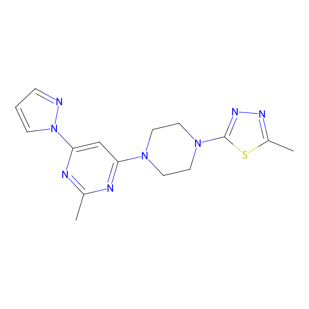 2-methyl-4-[4-(5-methyl-1,3,4-thiadiazol-2-yl)piperazin-1-yl]-6-(1H-pyrazol-1-yl)pyrimidine molecular structure, CAS 2415584-67-5