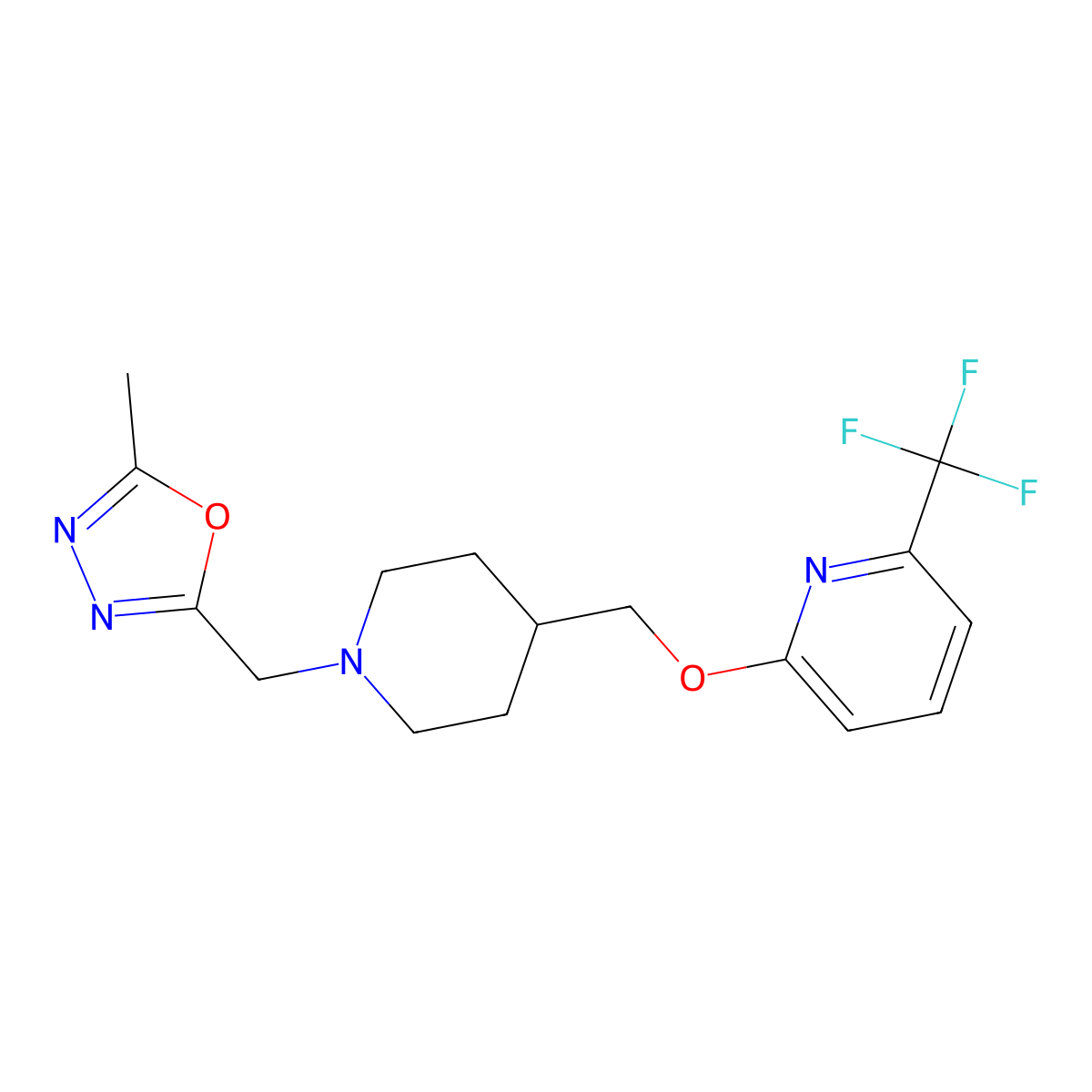 2-({1-[(5-Methyl-1,3,4-oxadiazol-2-yl)methyl]piperidin-4-yl}methoxy)-6-(trifluoromethyl)pyridine molecular structure, CAS 2415584-69-7