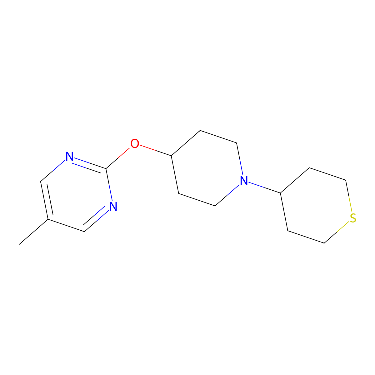 5-Methyl-2-{[1-(thian-4-yl)piperidin-4-yl]oxy}pyrimidine molecular structure, CAS 2415584-78-8