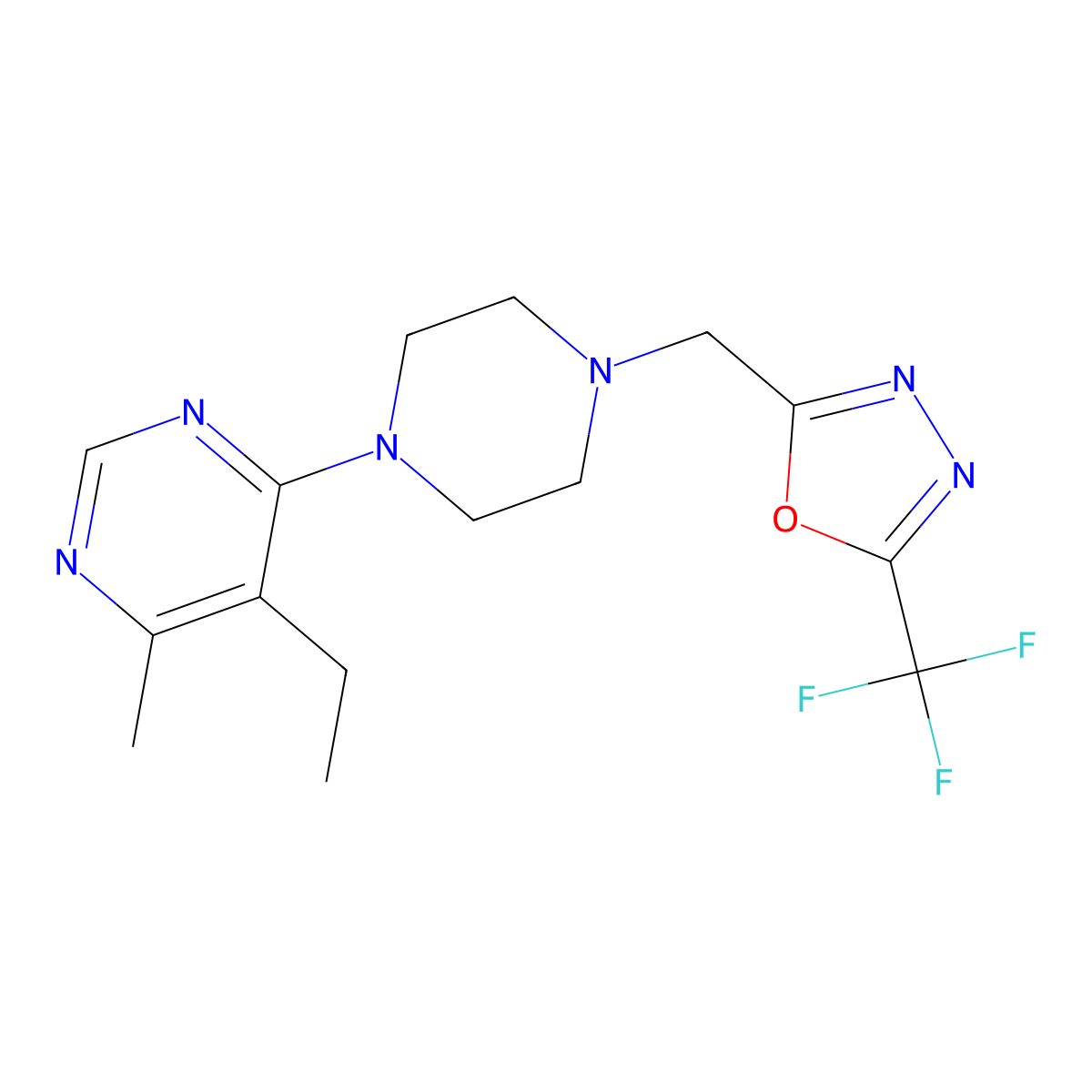 5-Ethyl-4-methyl-6-(4-{[5-(trifluoromethyl)-1,3,4-oxadiazol-2-yl]methyl}piperazin-1-yl)pyrimidine molecular structure, CAS 2415584-83-5