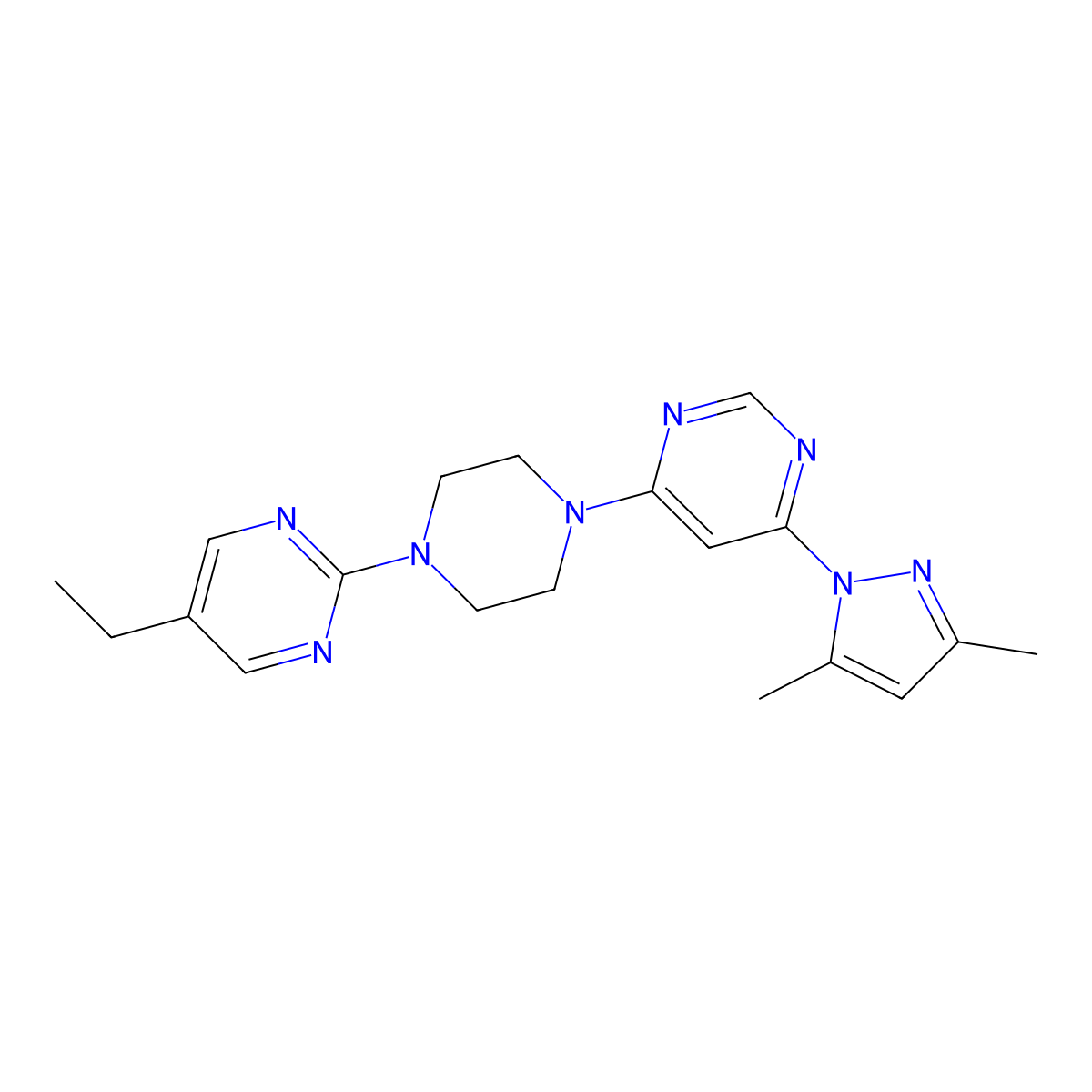 4-(3,5-dimethyl-1H-pyrazol-1-yl)-6-[4-(5-ethylpyrimidin-2-yl)piperazin-1-yl]pyrimidine molecular structure, CAS 2415584-84-6