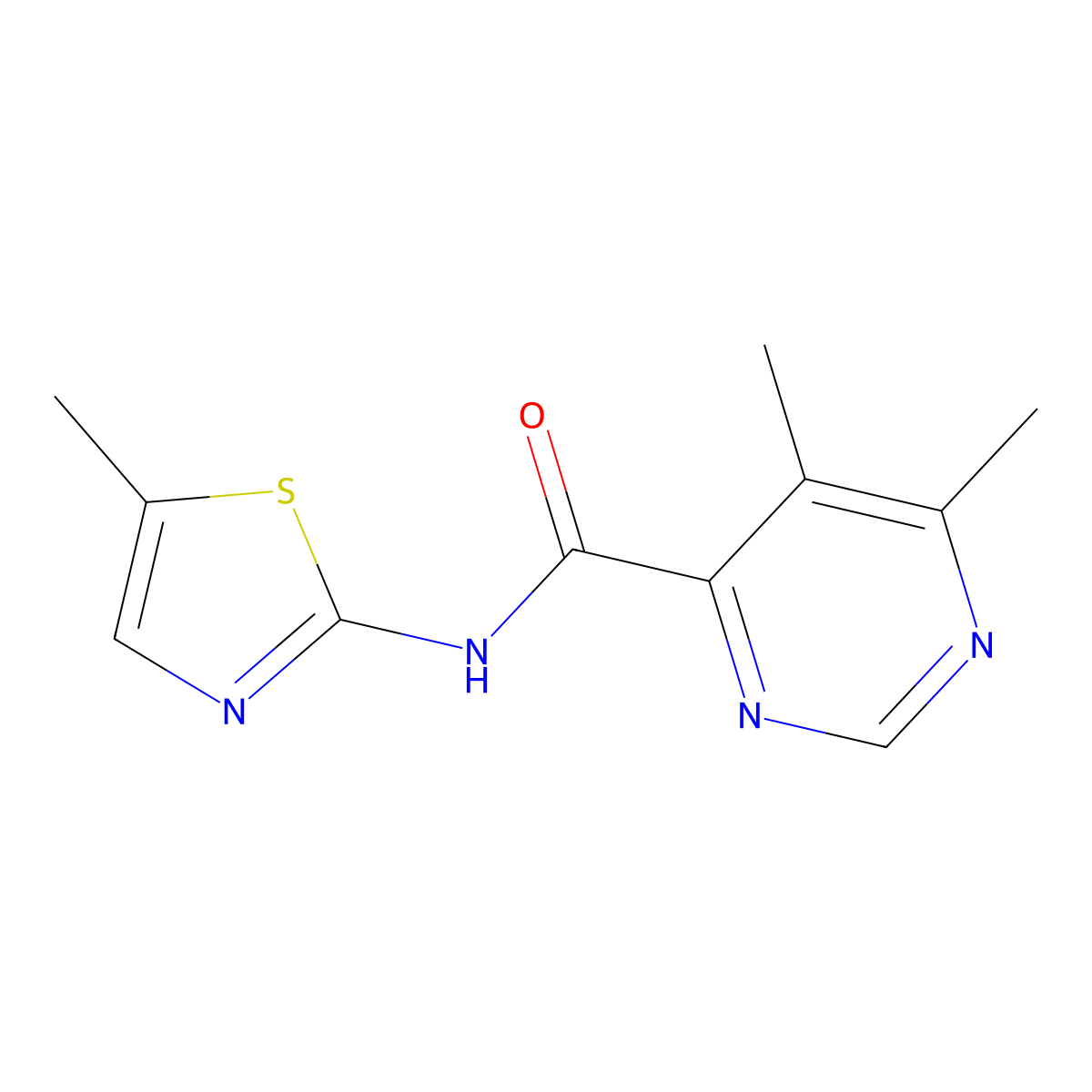 5,6-Dimethyl-N-(5-methyl-1,3-thiazol-2-yl)pyrimidine-4-carboxamide molecular structure, CAS 2415584-95-9