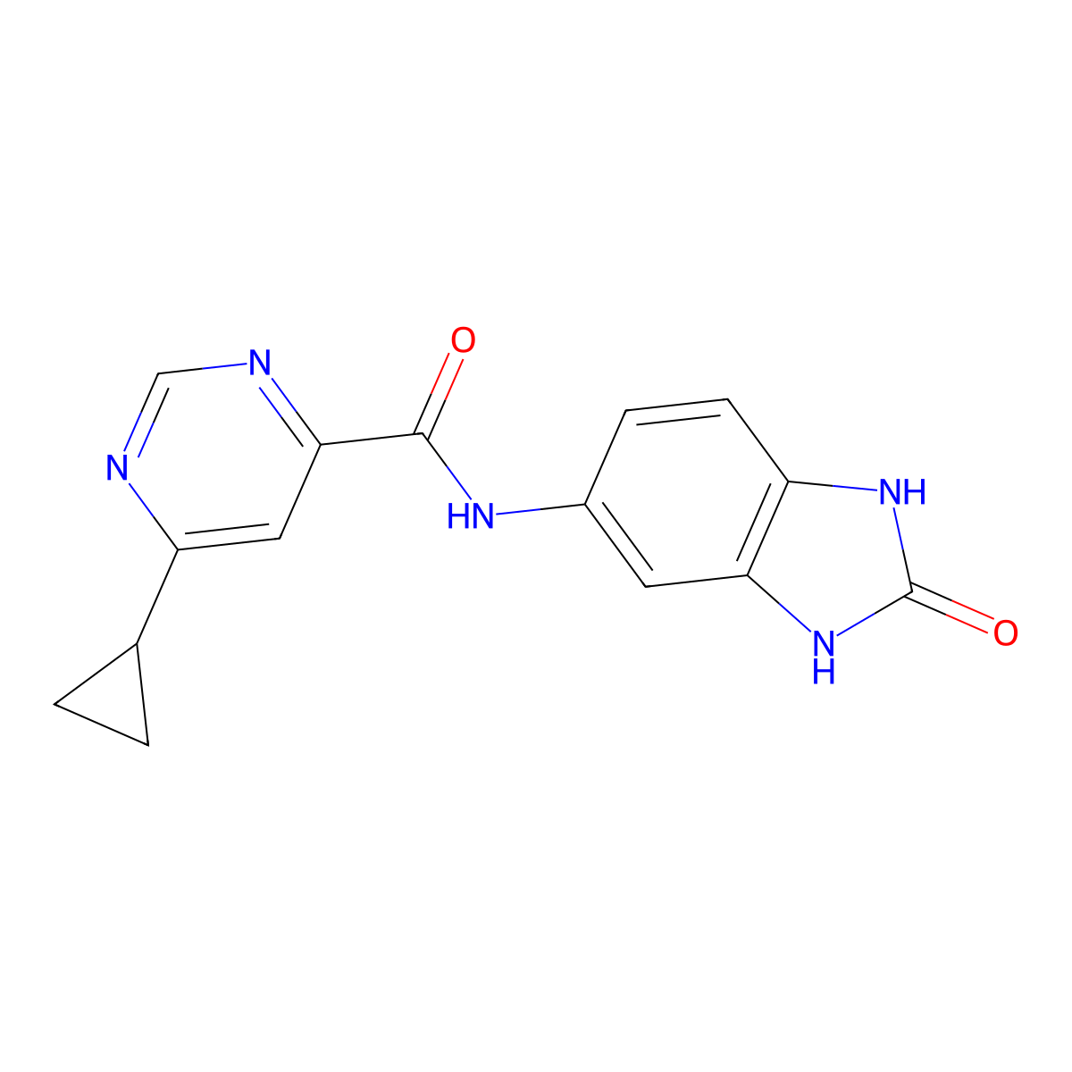 6-cyclopropyl-N-(2-oxo-2,3-dihydro-1H-1,3-benzodiazol-5-yl)pyrimidine-4-carboxamide molecular structure, CAS 2415584-98-2