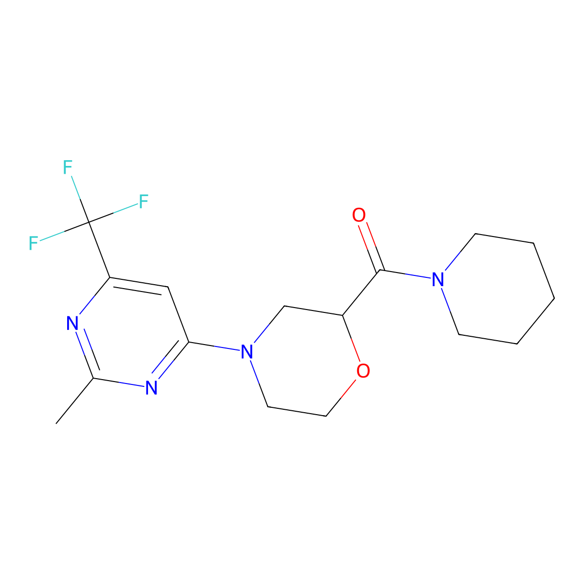 4-[2-Methyl-6-(trifluoromethyl)pyrimidin-4-yl]-2-(piperidine-1-carbonyl)morpholine molecular structure, CAS 2415584-99-3