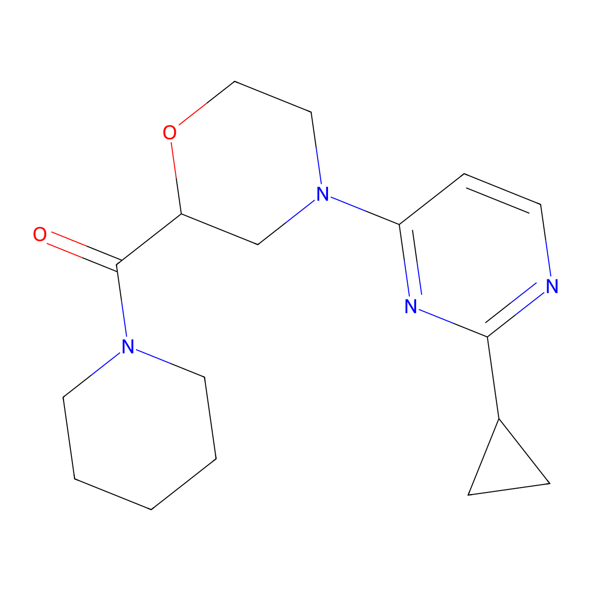 4-(2-Cyclopropylpyrimidin-4-yl)-2-(piperidine-1-carbonyl)morpholine molecular structure, CAS 2415585-23-6