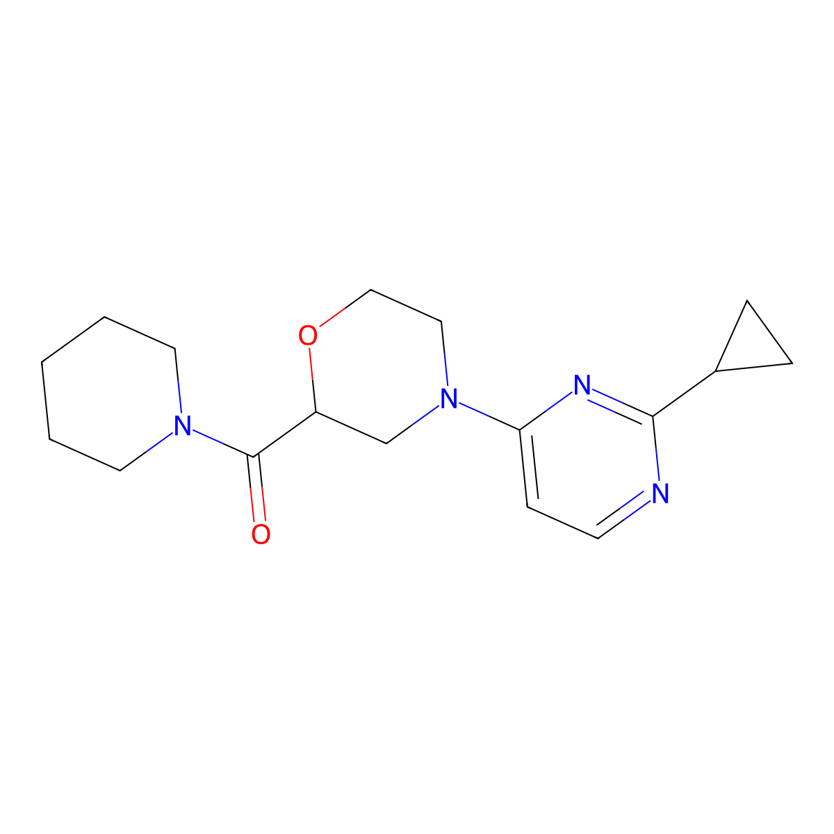 4-(2-Cyclopropylpyrimidin-4-yl)-2-(piperidine-1-carbonyl)morpholine molecular structure, CAS 2415585-23-6