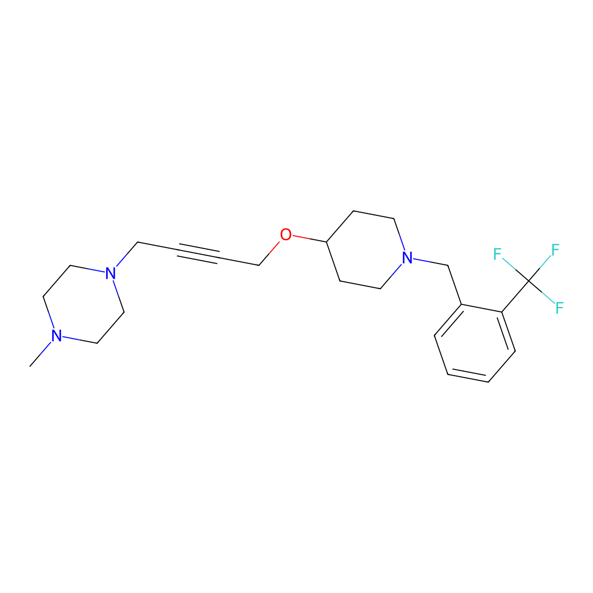 1-Methyl-4-{4-[(1-{[2-(trifluoromethyl)phenyl]methyl}piperidin-4-yl)oxy]but-2-yn-1-yl}piperazine molecular structure, CAS 2415585-25-8