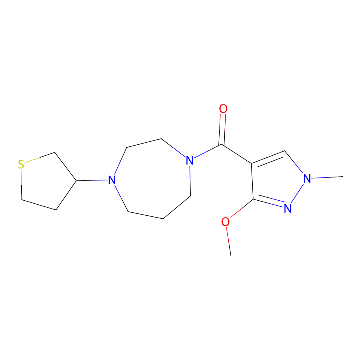 1-(3-methoxy-1-methyl-1H-pyrazole-4-carbonyl)-4-(thiolan-3-yl)-1,4-diazepane molecular structure, CAS 2415585-30-5