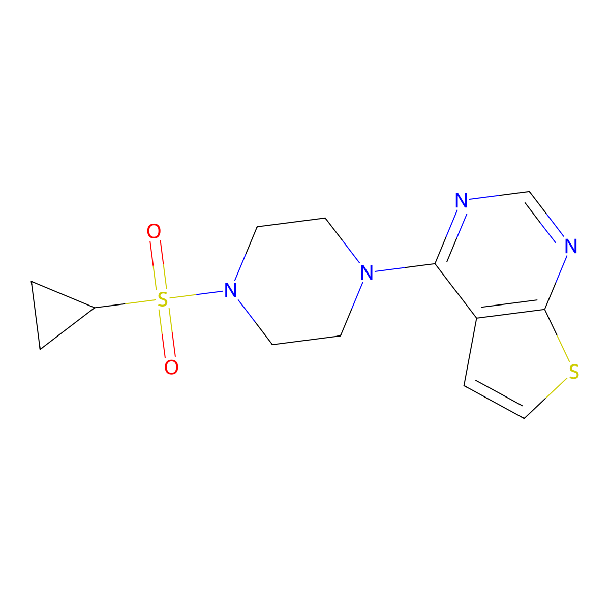 1-(Cyclopropanesulfonyl)-4-{thieno[2,3-d]pyrimidin-4-yl}piperazine molecular structure, CAS 2415585-38-3