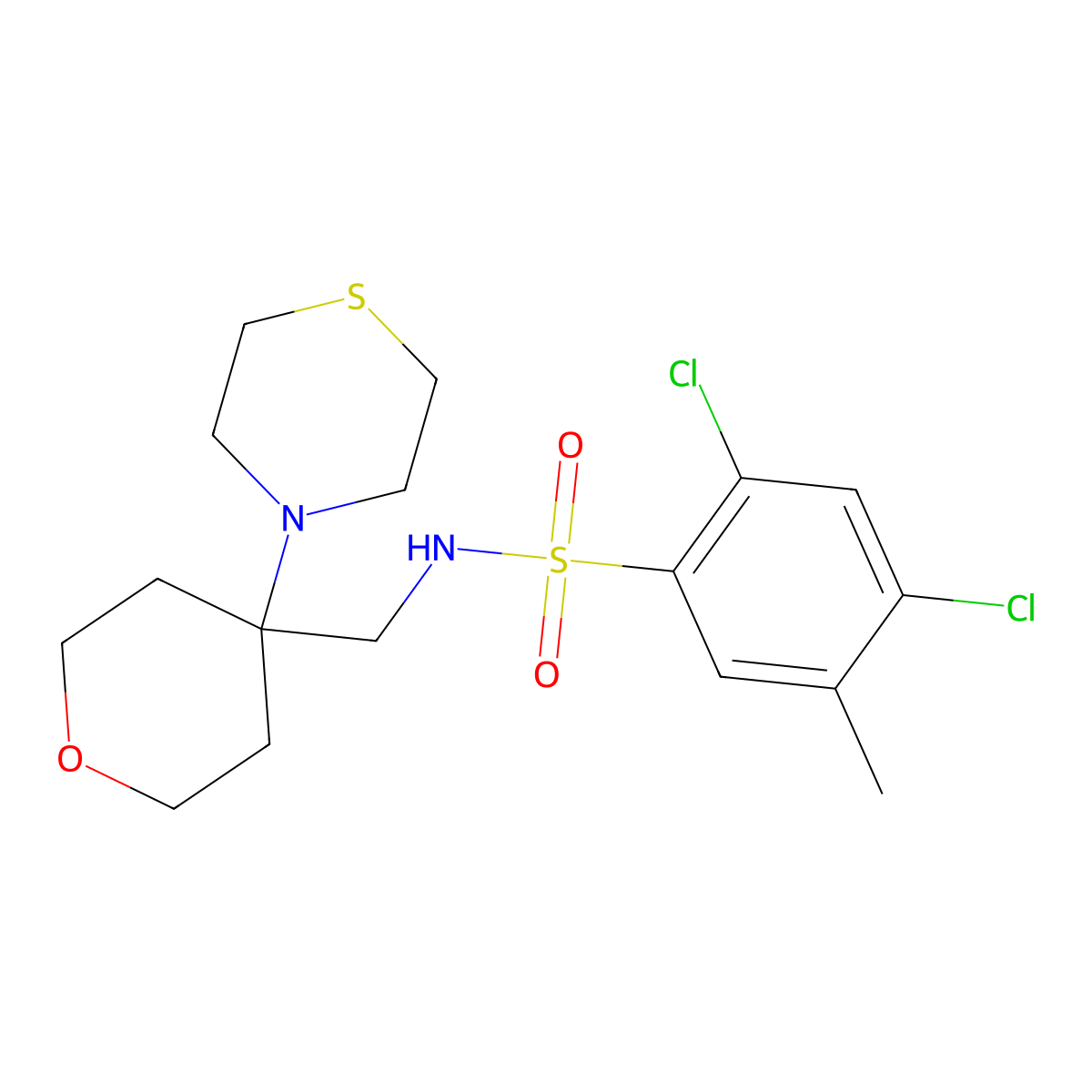 2,4-dichloro-5-methyl-N-{[4-(thiomorpholin-4-yl)oxan-4-yl]methyl}benzene-1-sulfonamide molecular structure, CAS 2415585-41-8