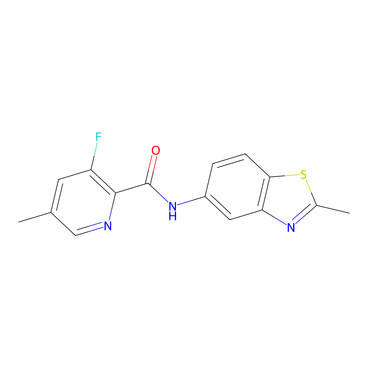3-fluoro-5-methyl-N-(2-methyl-1,3-benzothiazol-5-yl)pyridine-2-carboxamide molecular structure, CAS 2415585-45-2