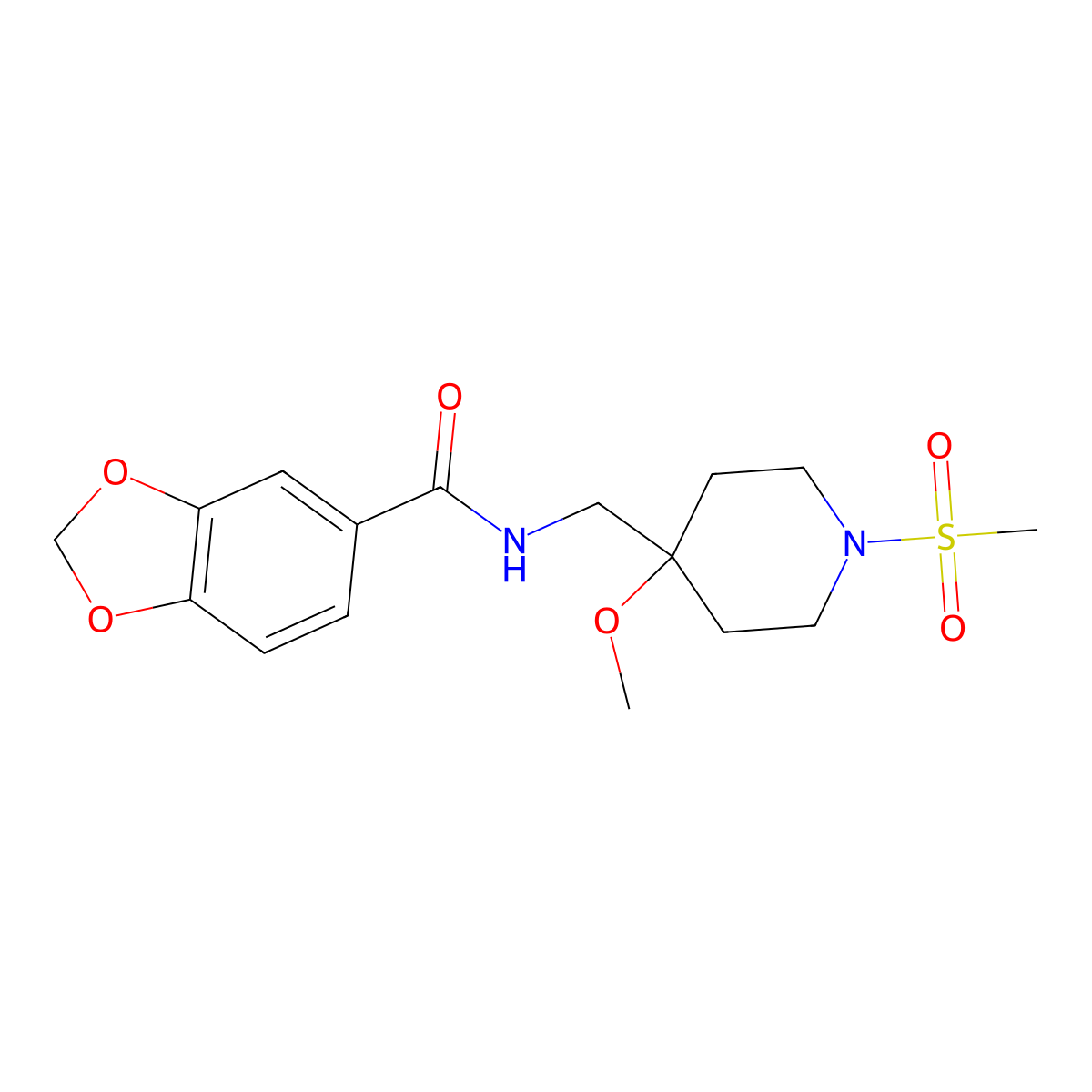 N-[(1-methanesulfonyl-4-methoxypiperidin-4-yl)methyl]-2H-1,3-benzodioxole-5-carboxamide molecular structure, CAS 2415585-57-6