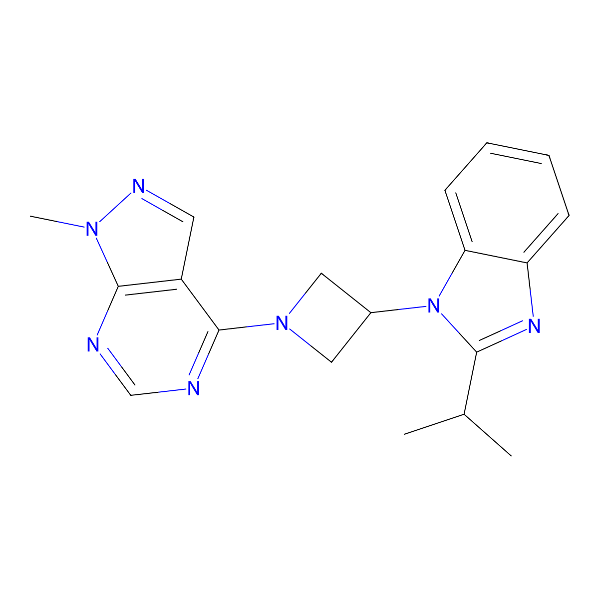 1-(1-{1-methyl-1H-pyrazolo[3,4-d]pyrimidin-4-yl}azetidin-3-yl)-2-(propan-2-yl)-1H-1,3-benzodiazole molecular structure, CAS 2415585-64-5