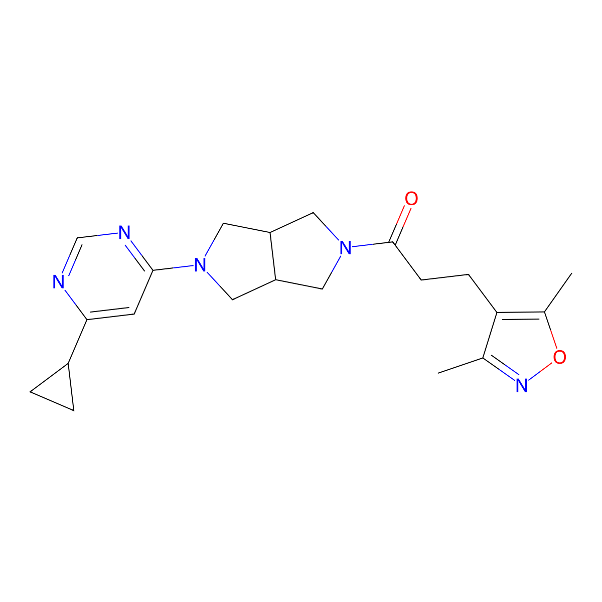 1-[5-(6-Cyclopropylpyrimidin-4-yl)-octahydropyrrolo[3,4-c]pyrrol-2-yl]-3-(3,5-dimethyl-1,2-oxazol-4-yl)propan-1-one molecular structure, CAS 2415585-66-7