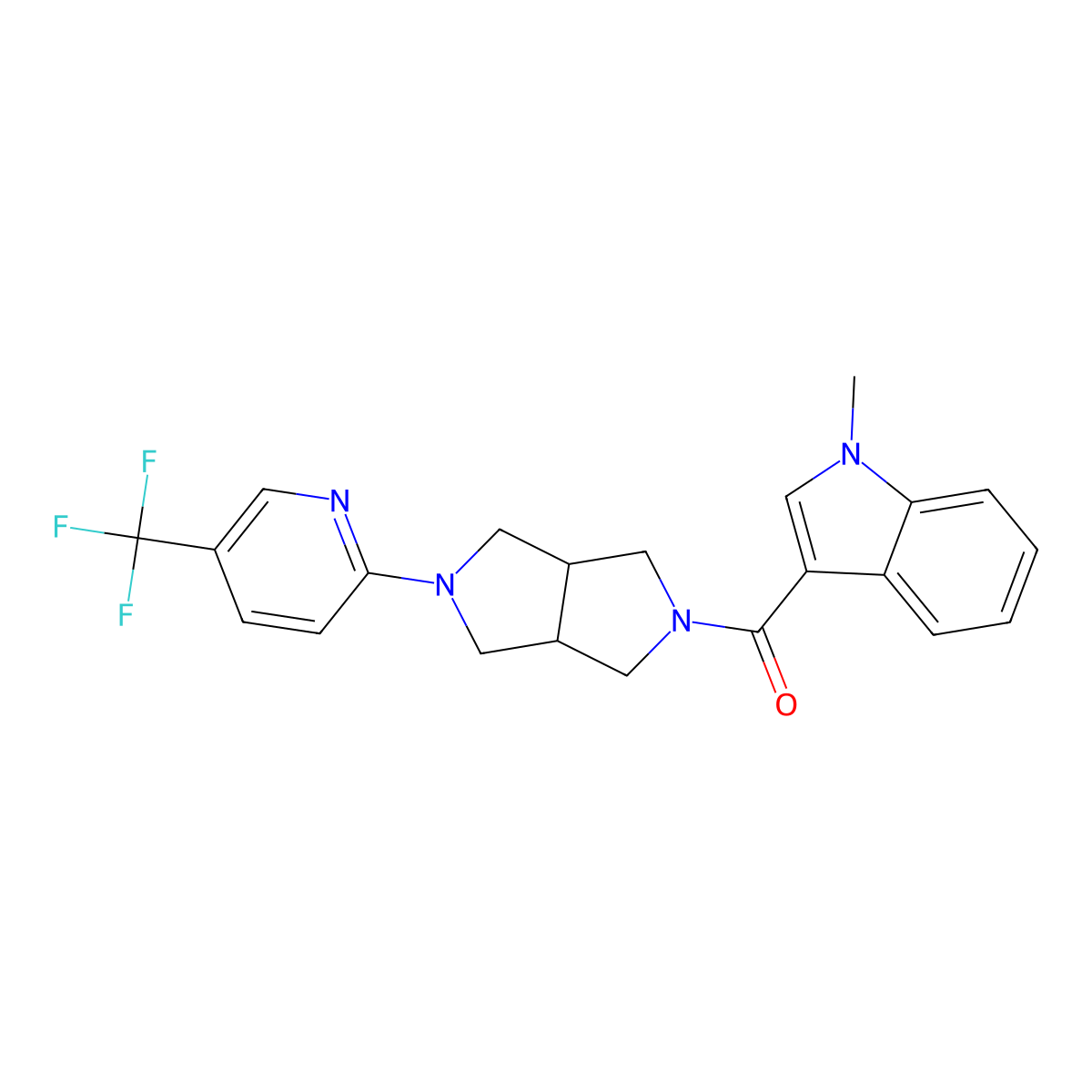 1-methyl-3-{5-[5-(trifluoromethyl)pyridin-2-yl]-octahydropyrrolo[3,4-c]pyrrole-2-carbonyl}-1H-indole molecular structure, CAS 2415585-70-3