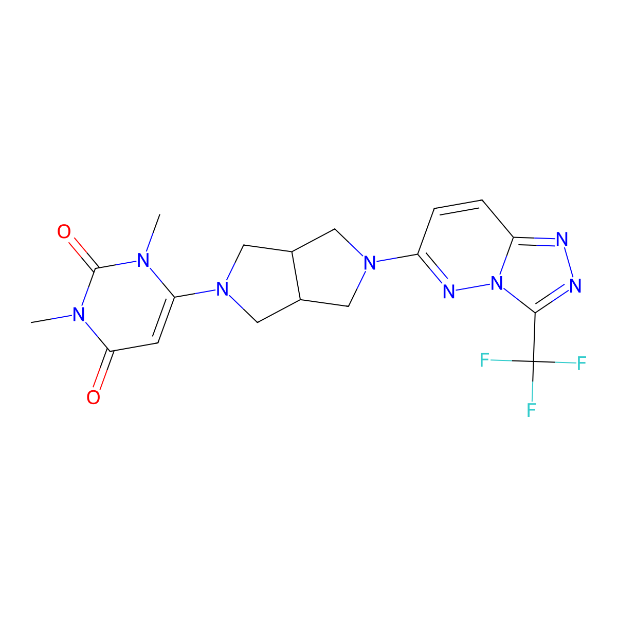 1,3-Dimethyl-6-{5-[3-(trifluoromethyl)-[1,2,4]triazolo[4,3-b]pyridazin-6-yl]-octahydropyrrolo[3,4-c]pyrrol-2-yl}-1,2,3,4-tetrahydropyrimidine-2,4-dione molecular structure, CAS 2415585-73-6