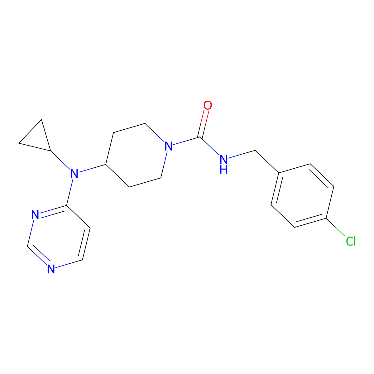 N-[(4-Chlorophenyl)methyl]-4-[cyclopropyl(pyrimidin-4-yl)amino]piperidine-1-carboxamide molecular structure, CAS 2415585-75-8