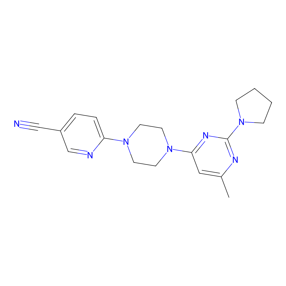 6-{4-[6-Methyl-2-(pyrrolidin-1-yl)pyrimidin-4-yl]piperazin-1-yl}pyridine-3-carbonitrile molecular structure, CAS 2415585-83-8