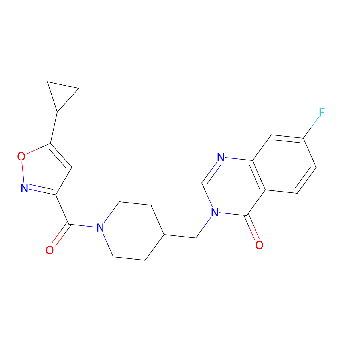 3-{[1-(5-Cyclopropyl-1,2-oxazole-3-carbonyl)piperidin-4-yl]methyl}-7-fluoro-3,4-dihydroquinazolin-4-one molecular structure, CAS 2415585-89-4