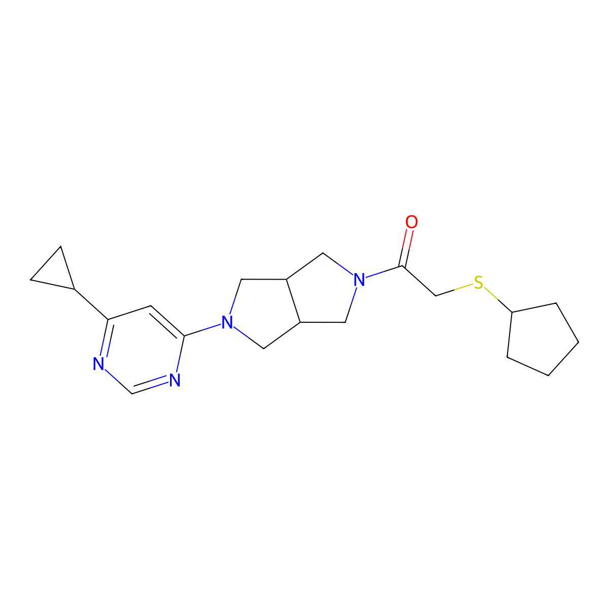 2-(Cyclopentylsulfanyl)-1-[5-(6-cyclopropylpyrimidin-4-yl)-octahydropyrrolo[3,4-c]pyrrol-2-yl]ethan-1-one molecular structure, CAS 2415585-92-9