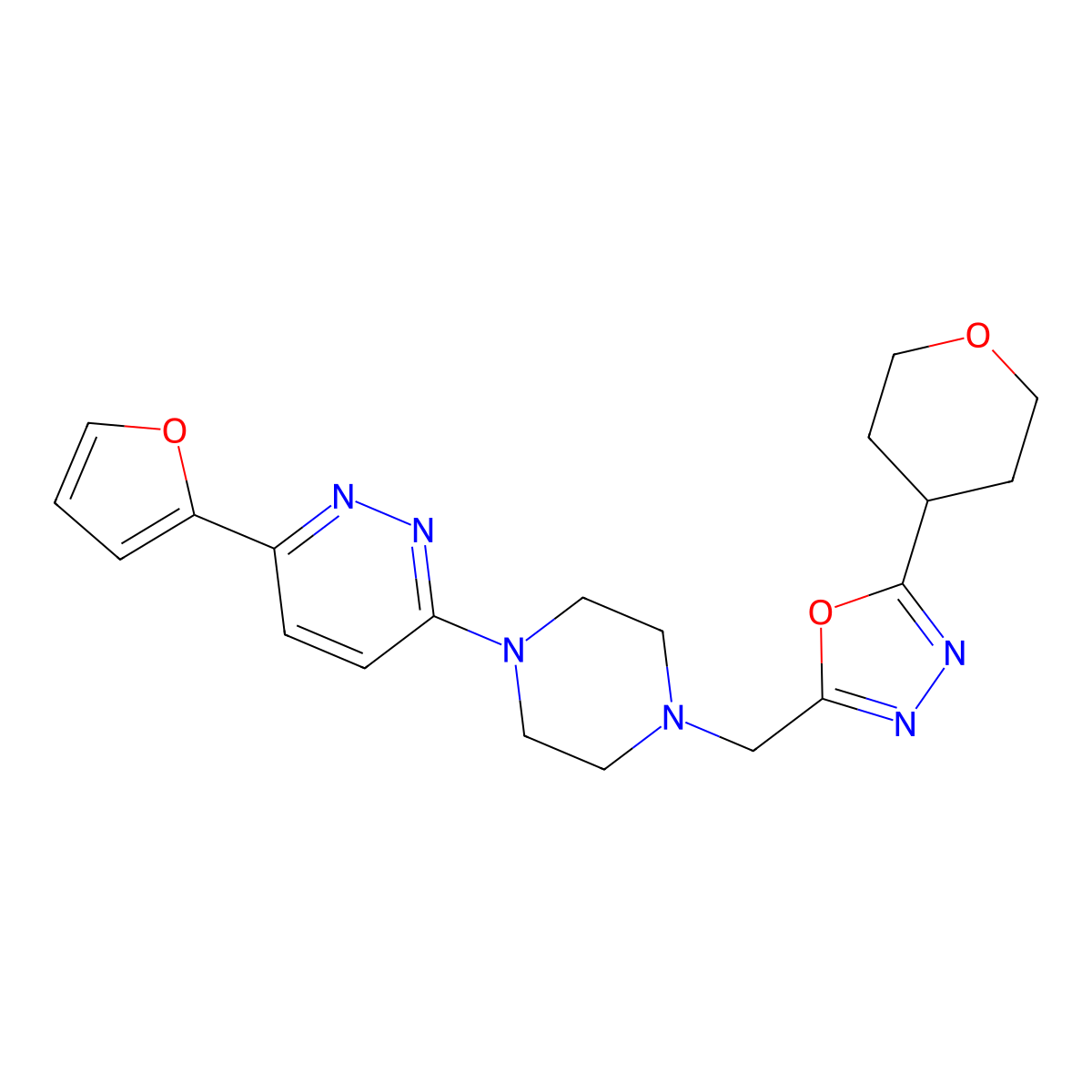 3-(Furan-2-yl)-6-(4-{[5-(oxan-4-yl)-1,3,4-oxadiazol-2-yl]methyl}piperazin-1-yl)pyridazine molecular structure, CAS 2415585-98-5