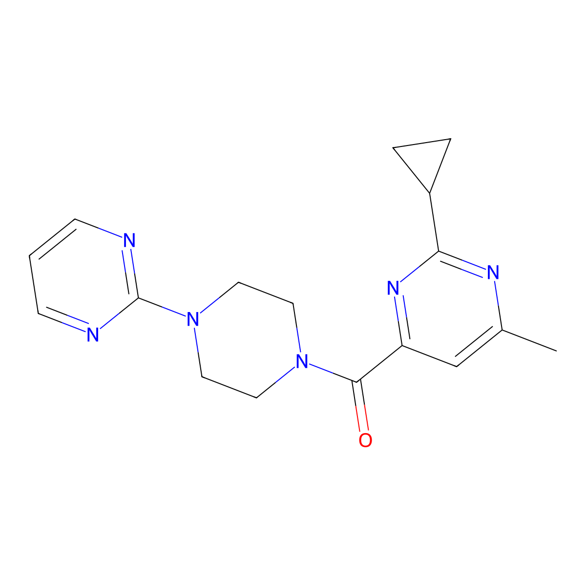 2-Cyclopropyl-4-methyl-6-[4-(pyrimidin-2-yl)piperazine-1-carbonyl]pyrimidine molecular structure, CAS 2415586-18-2