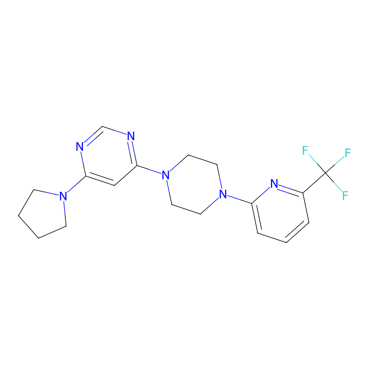 4-(Pyrrolidin-1-yl)-6-{4-[6-(trifluoromethyl)pyridin-2-yl]piperazin-1-yl}pyrimidine molecular structure, CAS 2415586-19-3