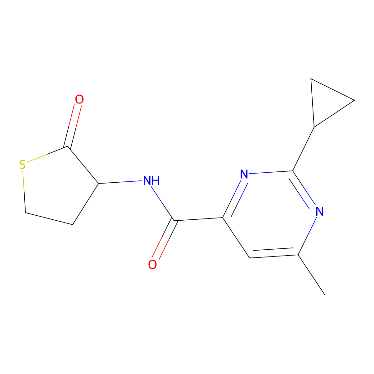 2-Cyclopropyl-6-methyl-N-(2-oxothiolan-3-yl)pyrimidine-4-carboxamide molecular structure, CAS 2415586-56-8