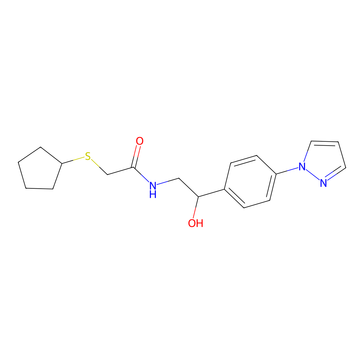 2-(cyclopentylsulfanyl)-N-{2-hydroxy-2-[4-(1H-pyrazol-1-yl)phenyl]ethyl}acetamide molecular structure, CAS 2415586-57-9