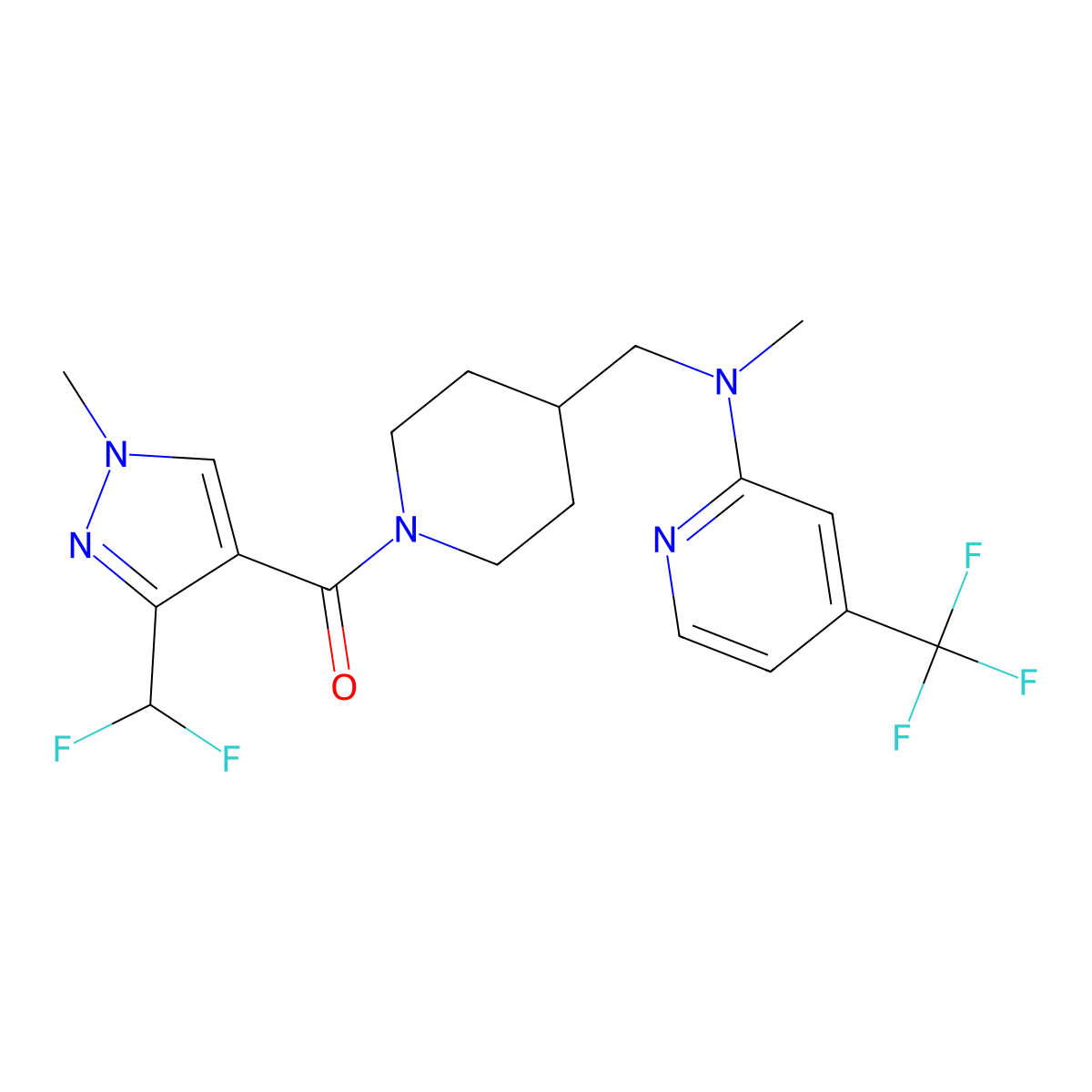 N-({1-[3-(difluoromethyl)-1-methyl-1H-pyrazole-4-carbonyl]piperidin-4-yl}methyl)-N-methyl-4-(trifluoromethyl)pyridin-2-amine molecular structure, CAS 2415586-67-1