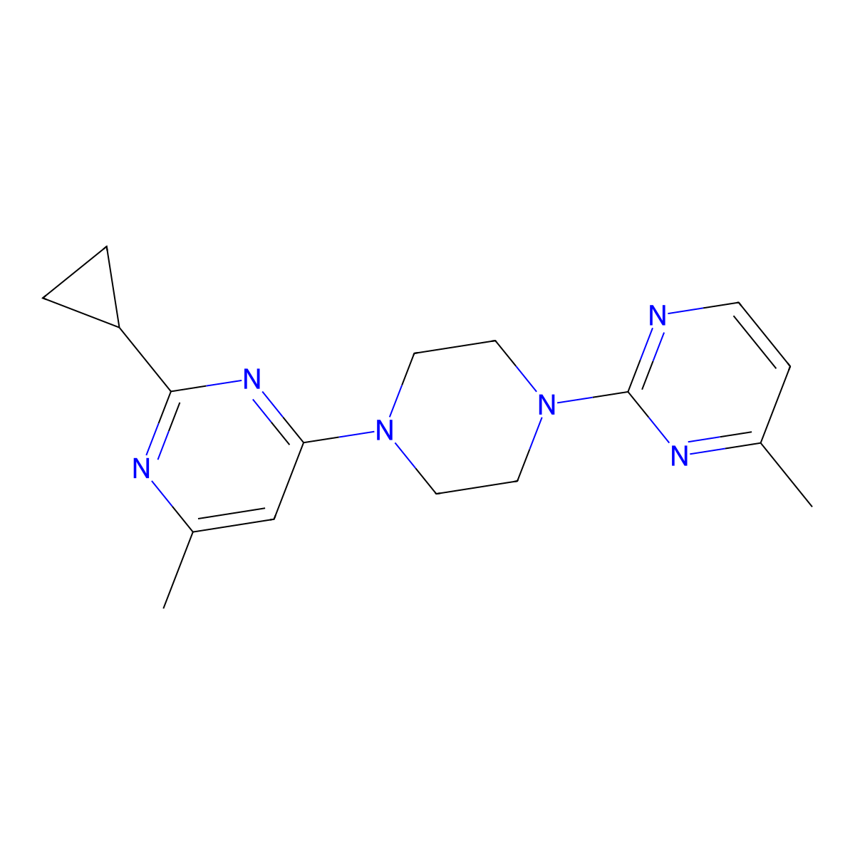 2-Cyclopropyl-4-methyl-6-[4-(4-methylpyrimidin-2-yl)piperazin-1-yl]pyrimidine molecular structure, CAS 2415586-68-2