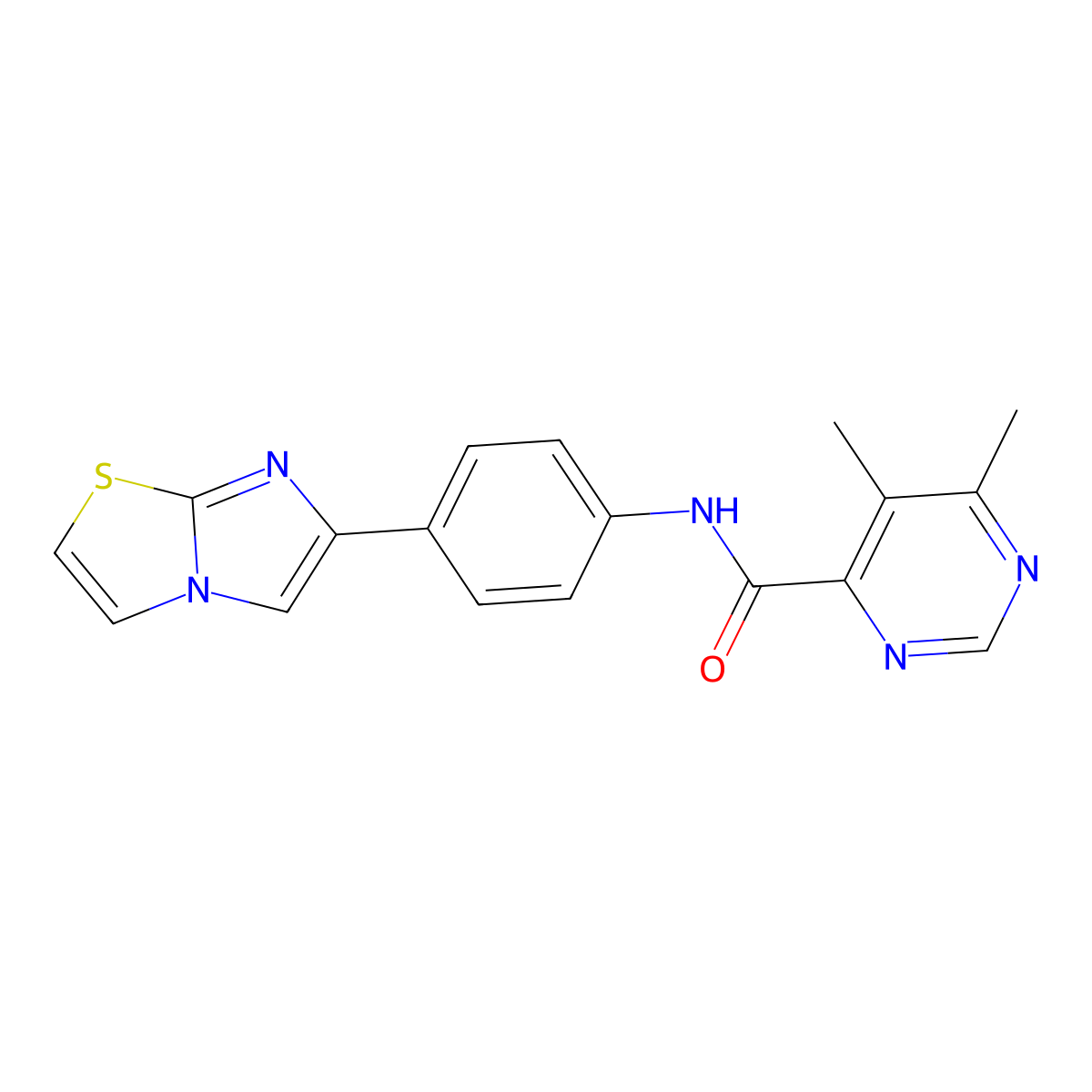N-(4-{imidazo[2,1-b][1,3]thiazol-6-yl}phenyl)-5,6-dimethylpyrimidine-4-carboxamide molecular structure, CAS 2415586-69-3