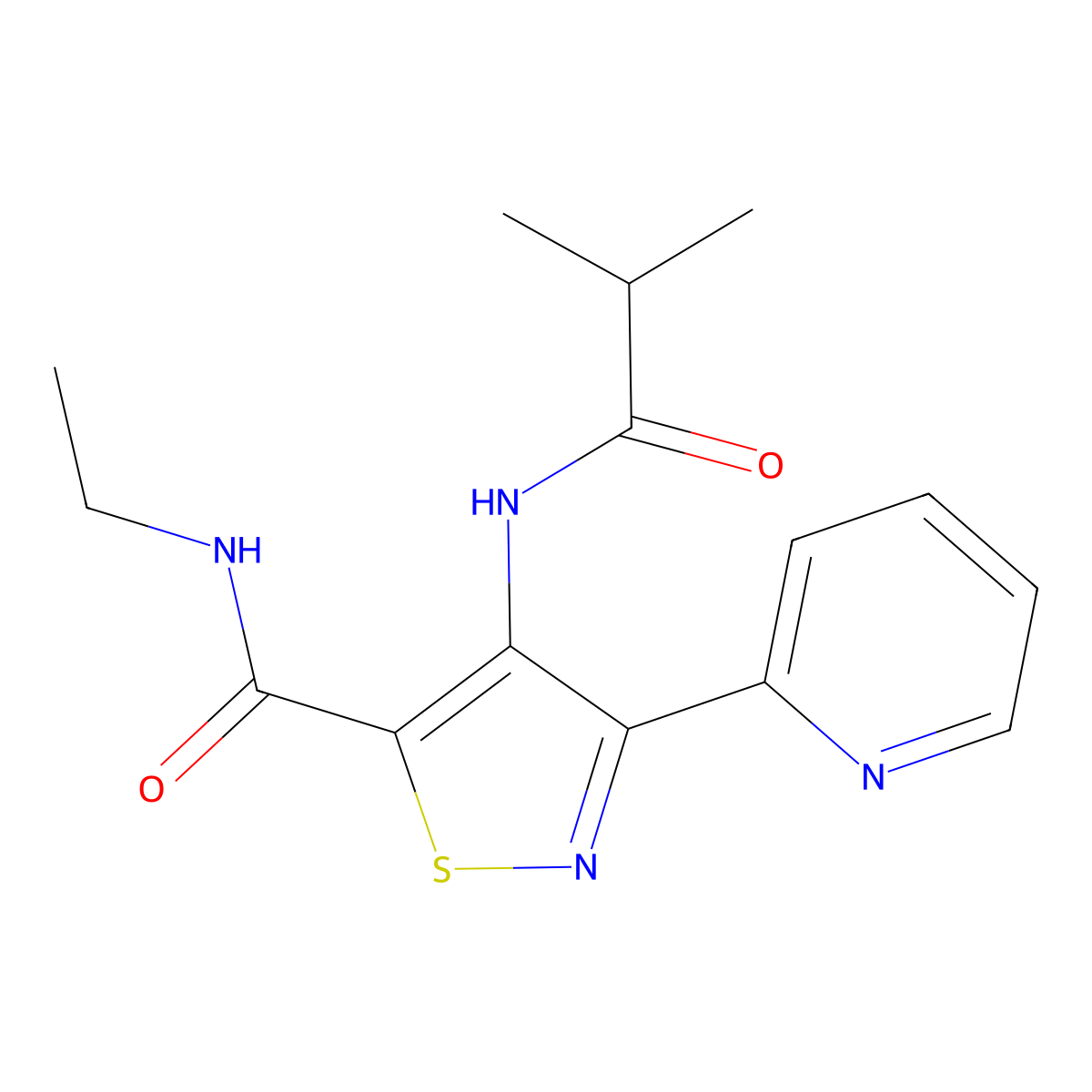 N-ethyl-4-(2-methylpropanamido)-3-(pyridin-2-yl)-1,2-thiazole-5-carboxamide molecular structure, CAS 2415586-70-6