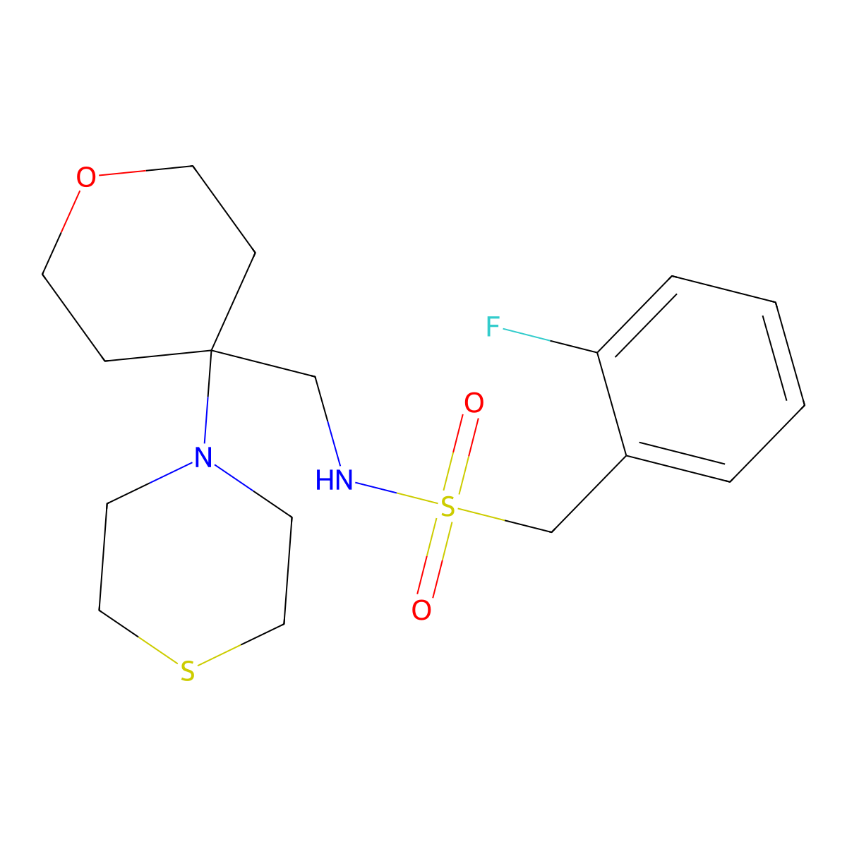 1-(2-fluorophenyl)-N-{[4-(thiomorpholin-4-yl)oxan-4-yl]methyl}methanesulfonamide molecular structure, CAS 2415586-73-9