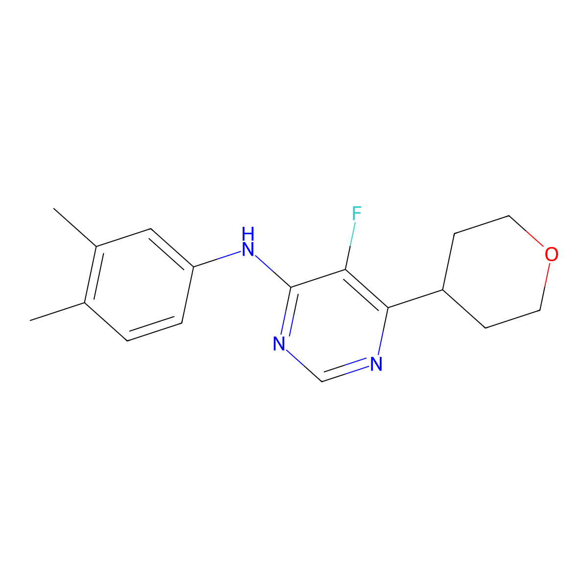 N-(3,4-dimethylphenyl)-5-fluoro-6-(oxan-4-yl)pyrimidin-4-amine molecular structure, CAS 2415586-88-6