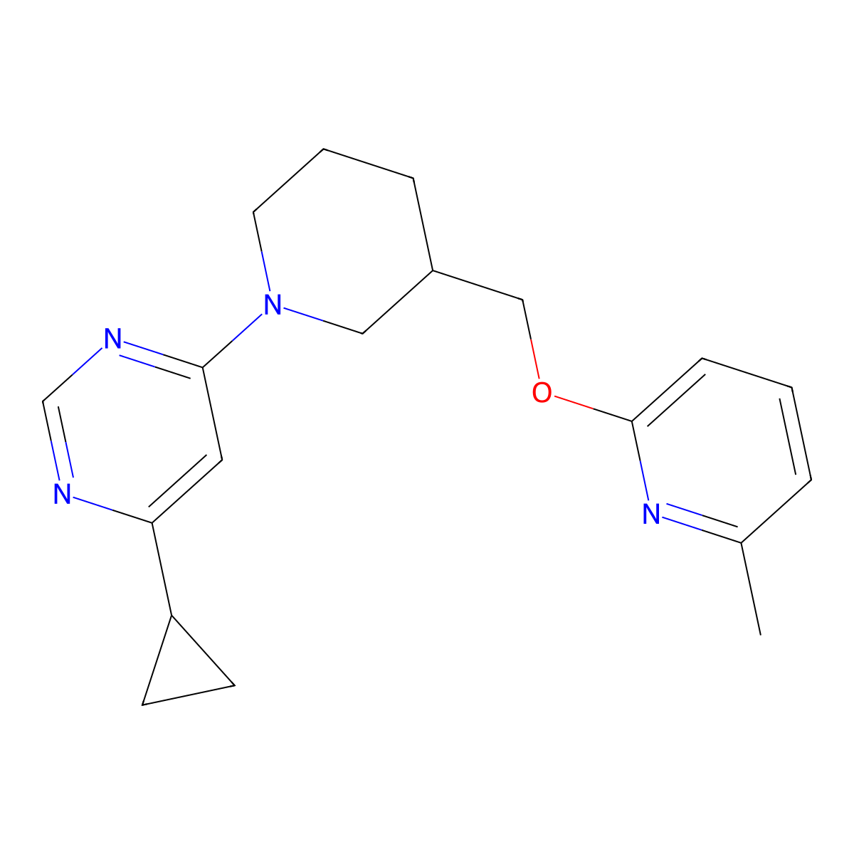 4-Cyclopropyl-6-(3-{[(6-methylpyridin-2-yl)oxy]methyl}piperidin-1-yl)pyrimidine molecular structure, CAS 2415586-90-0