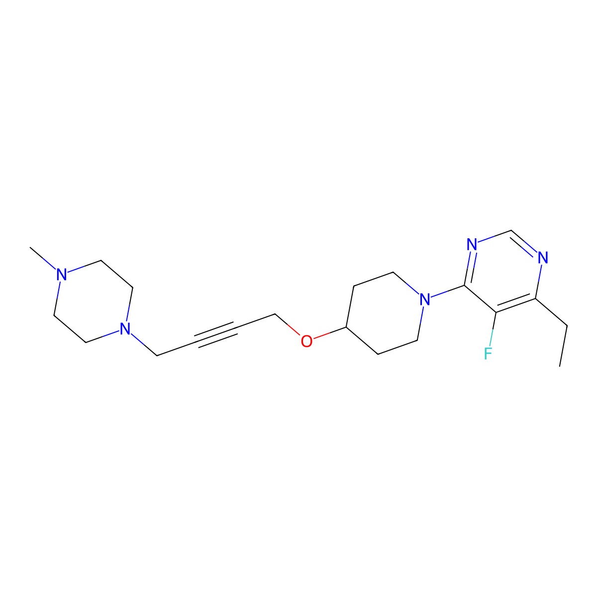 4-Ethyl-5-fluoro-6-(4-{[4-(4-methylpiperazin-1-yl)but-2-yn-1-yl]oxy}piperidin-1-yl)pyrimidine molecular structure, CAS 2415586-97-7