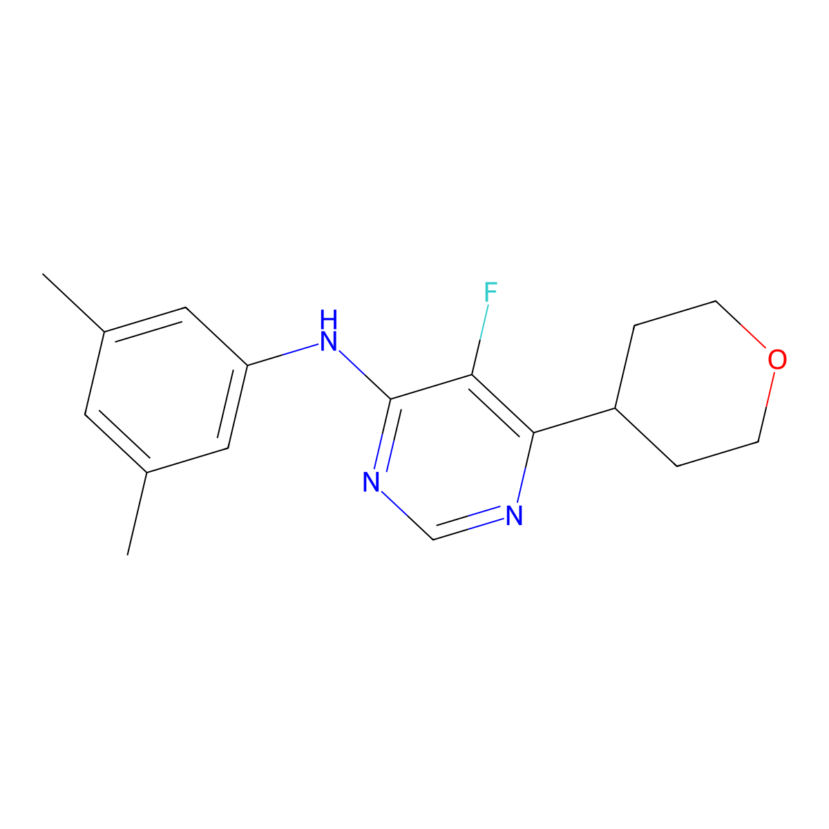 N-(3,5-dimethylphenyl)-5-fluoro-6-(oxan-4-yl)pyrimidin-4-amine molecular structure, CAS 2415587-01-6
