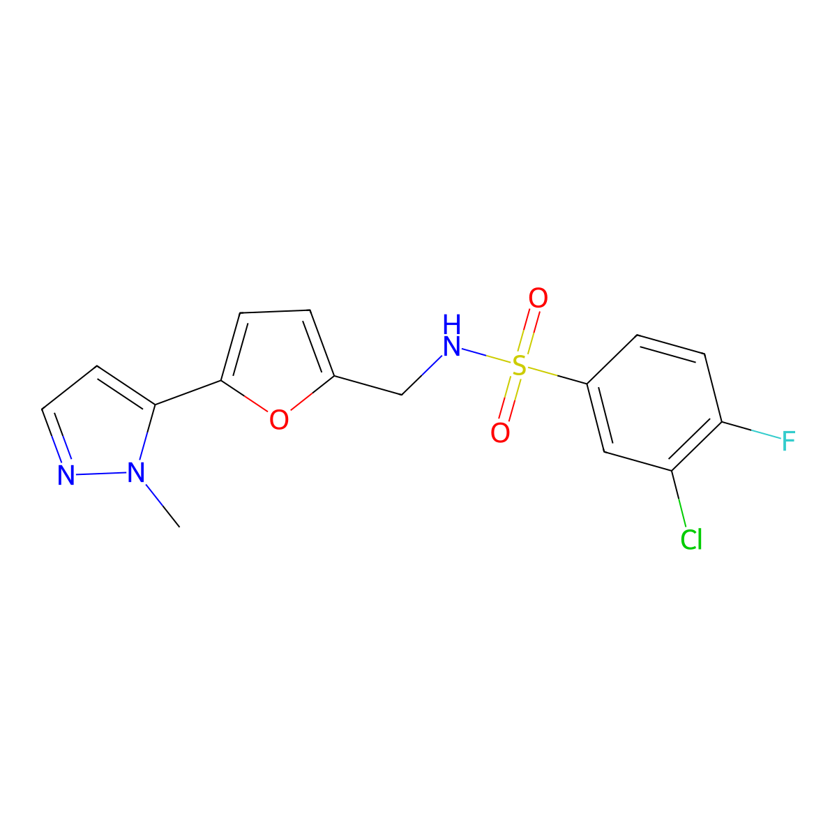 3-Chloro-4-fluoro-N-[[5-(2-methylpyrazol-3-yl)furan-2-yl]methyl]benzenesulfonamide molecular structure, CAS 2415587-07-2