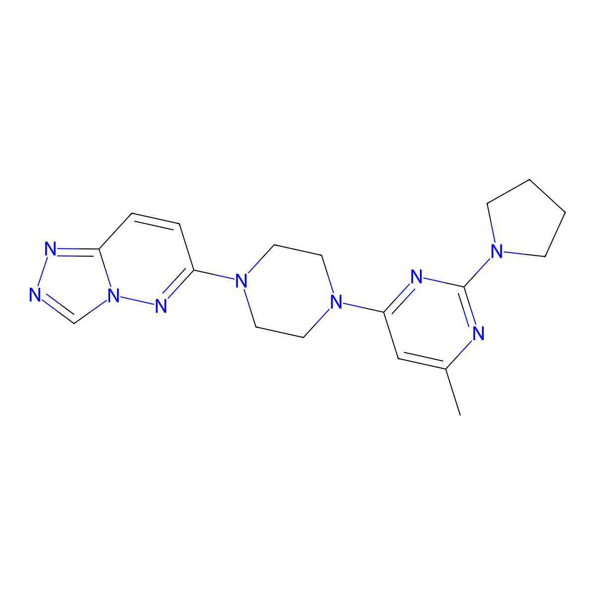 4-Methyl-2-(pyrrolidin-1-yl)-6-(4-{[1,2,4]triazolo[4,3-b]pyridazin-6-yl}piperazin-1-yl)pyrimidine molecular structure, CAS 2415599-01-6