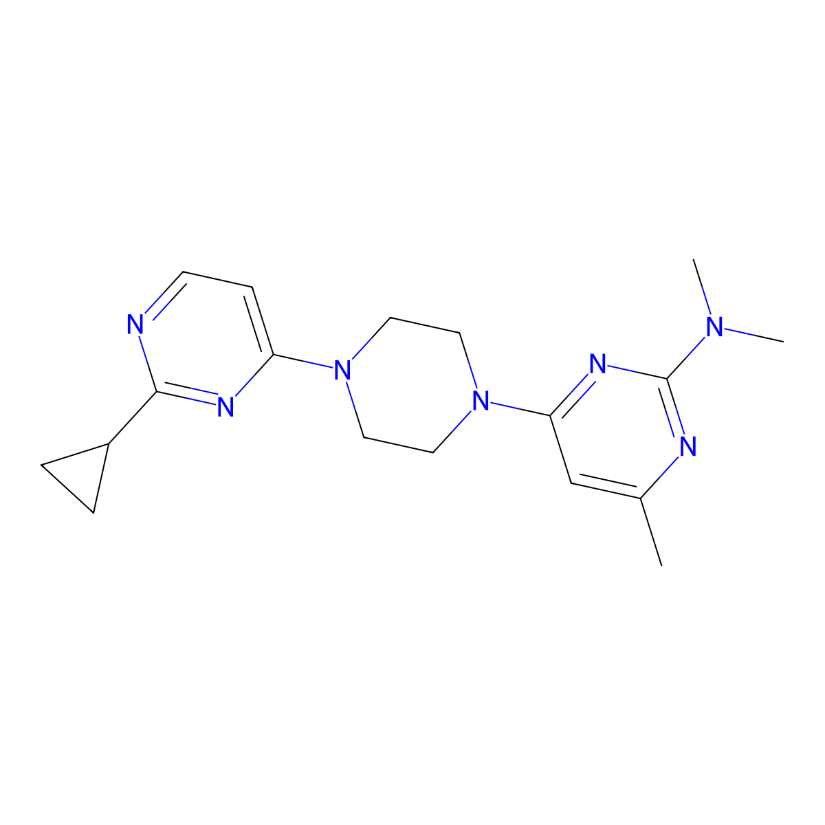 4-[4-(2-Cyclopropylpyrimidin-4-yl)piperazin-1-yl]-N,N,6-trimethylpyrimidin-2-amine molecular structure, CAS 2415599-18-5